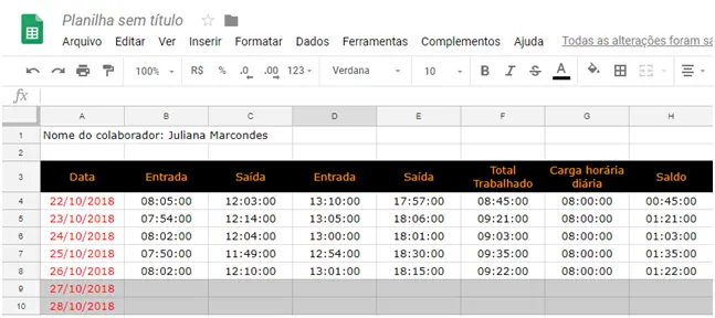 completando a tabela de banco de horas/horas extras Gsheets