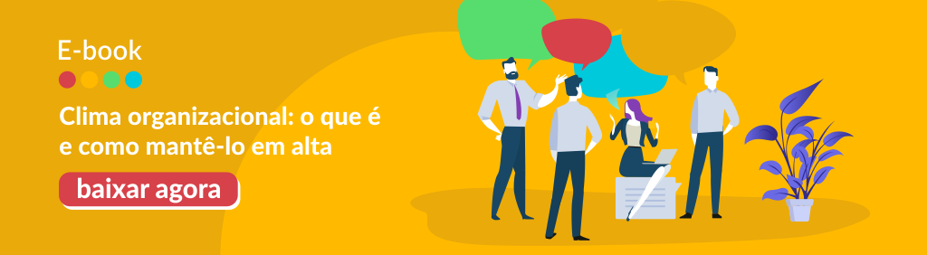banner amarelo para baixar ebook sobre Clima organizacional: o que é e como mantê-lo em alta com ilustração de pessoas conversando felizes