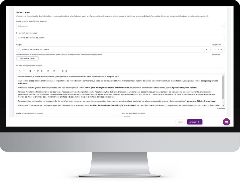 Tela da solução de Recrutamento e Seleção da Sólides