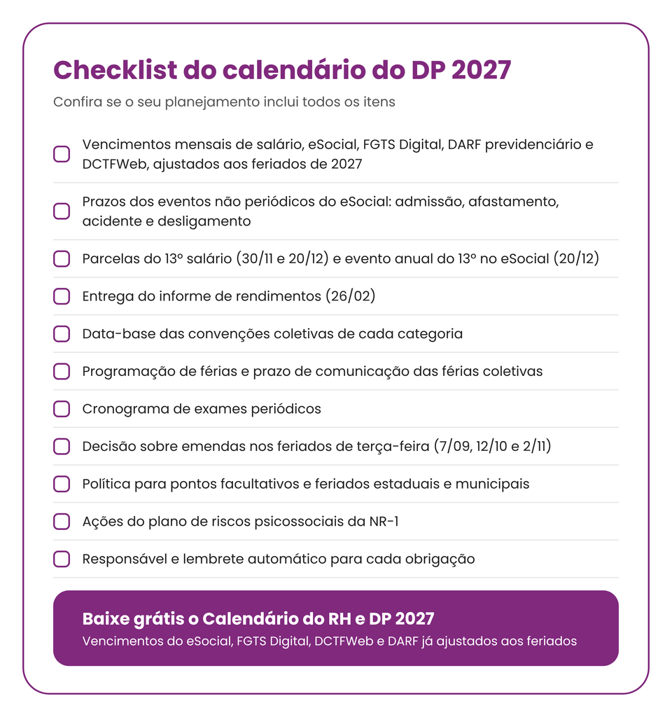 Calendário do DP 2027: prazos, obrigações e feriados