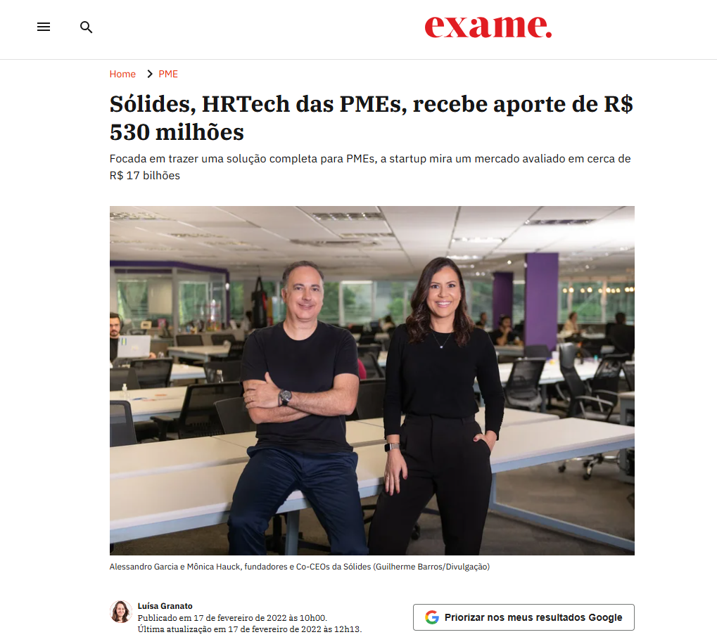 reportagem da exame sobre maior aporte já feito em uma HR Tech na América Latina: R$ 530 milhões, feito na Sólides em 2022